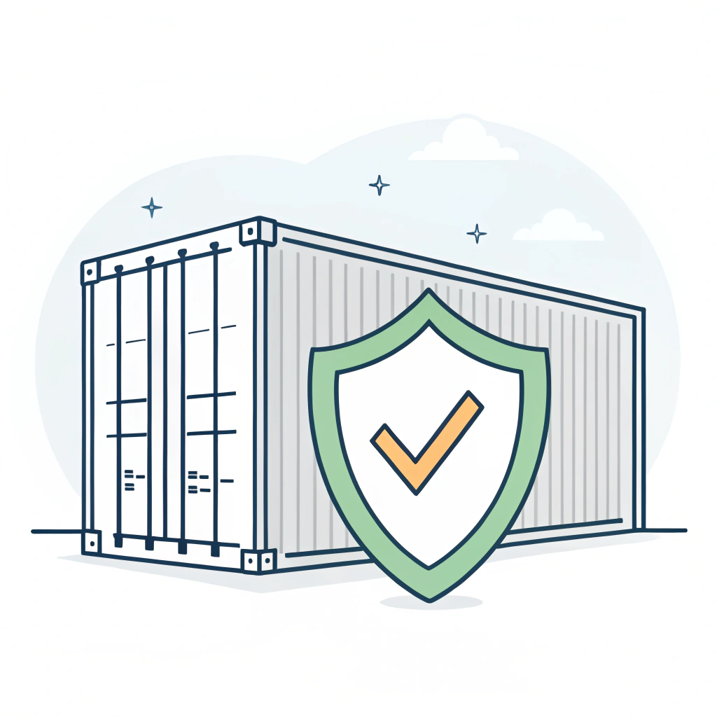 2D minimal illustration of a shipping container with shield and check icon representing risk management