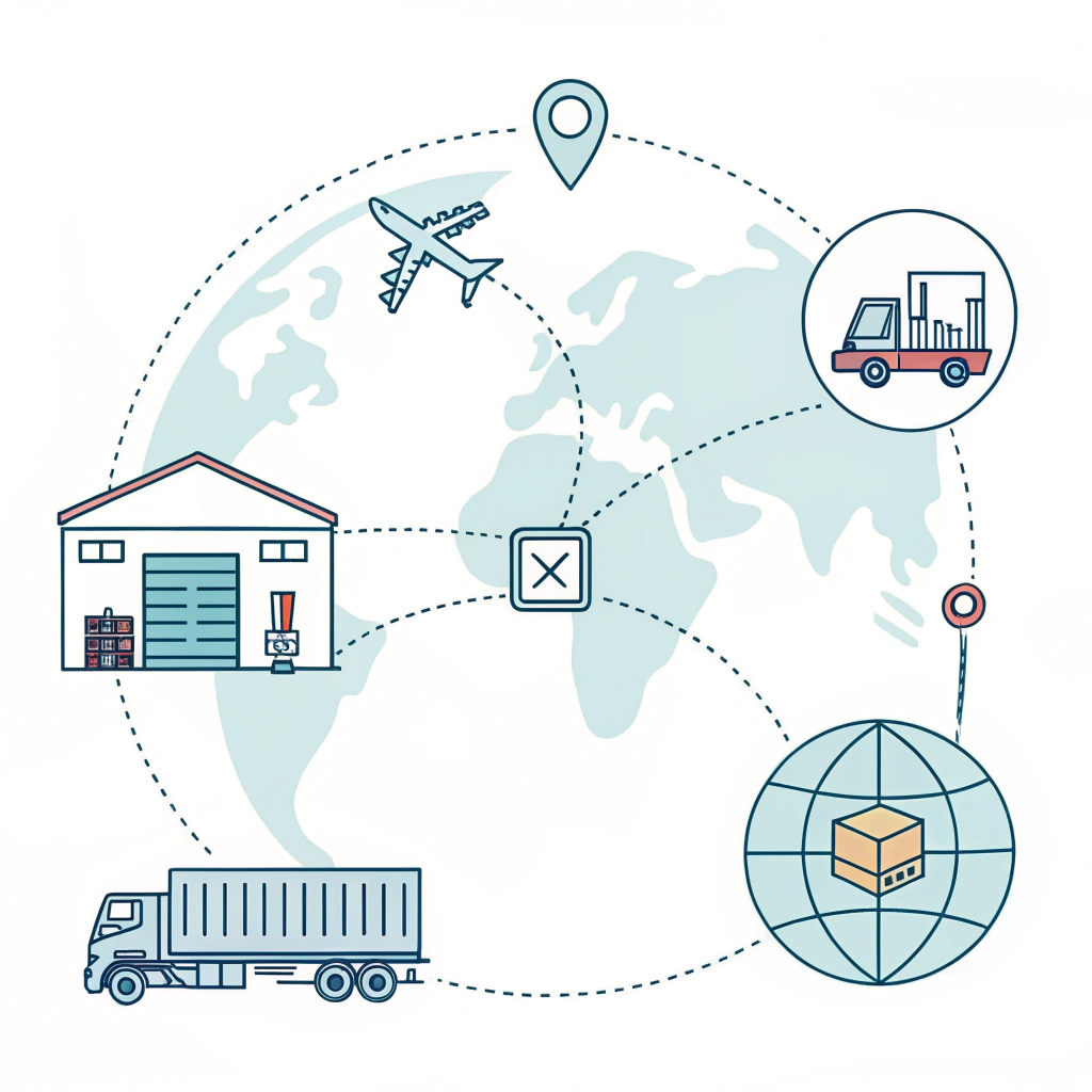 Minimal 2D illustration of interconnected icons depicting global supply chain management.