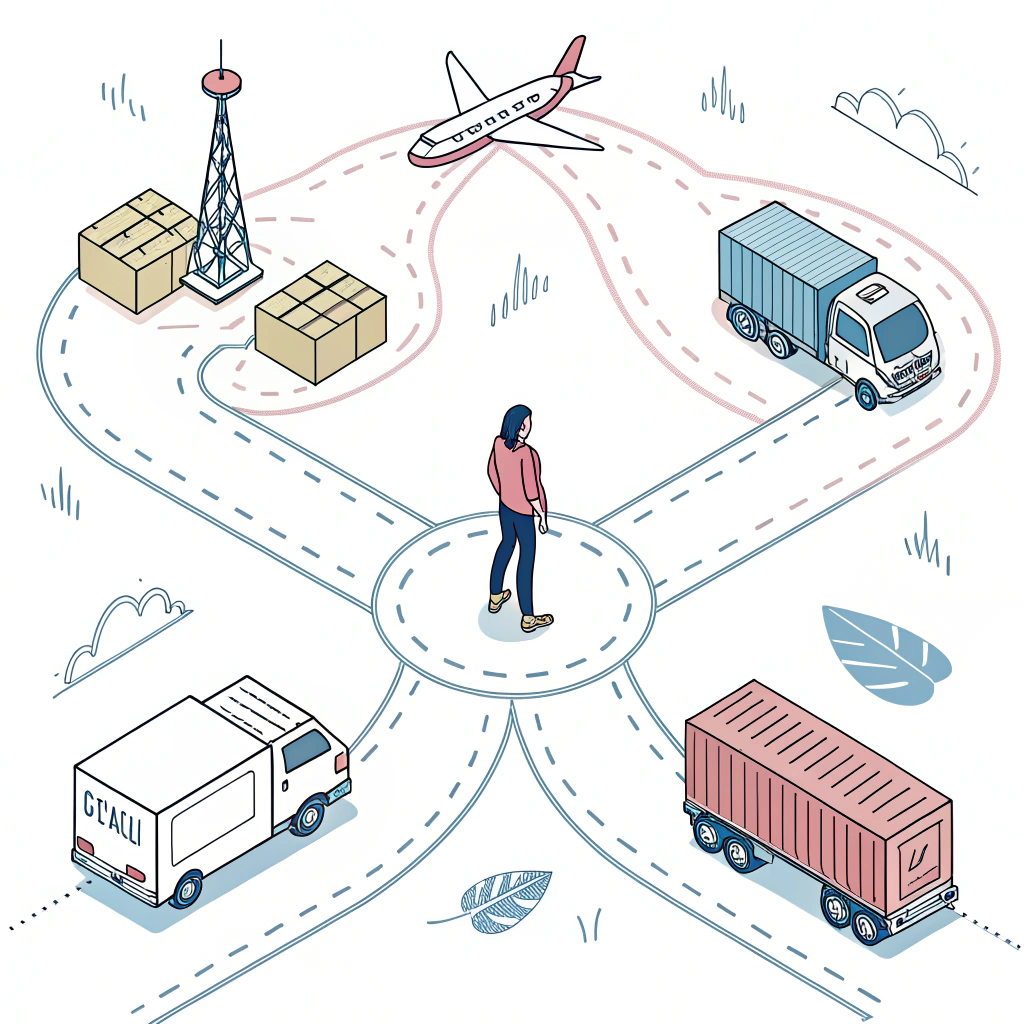 Minimal illustration of buyer autonomy with abstract icons representing various shipping logistics.