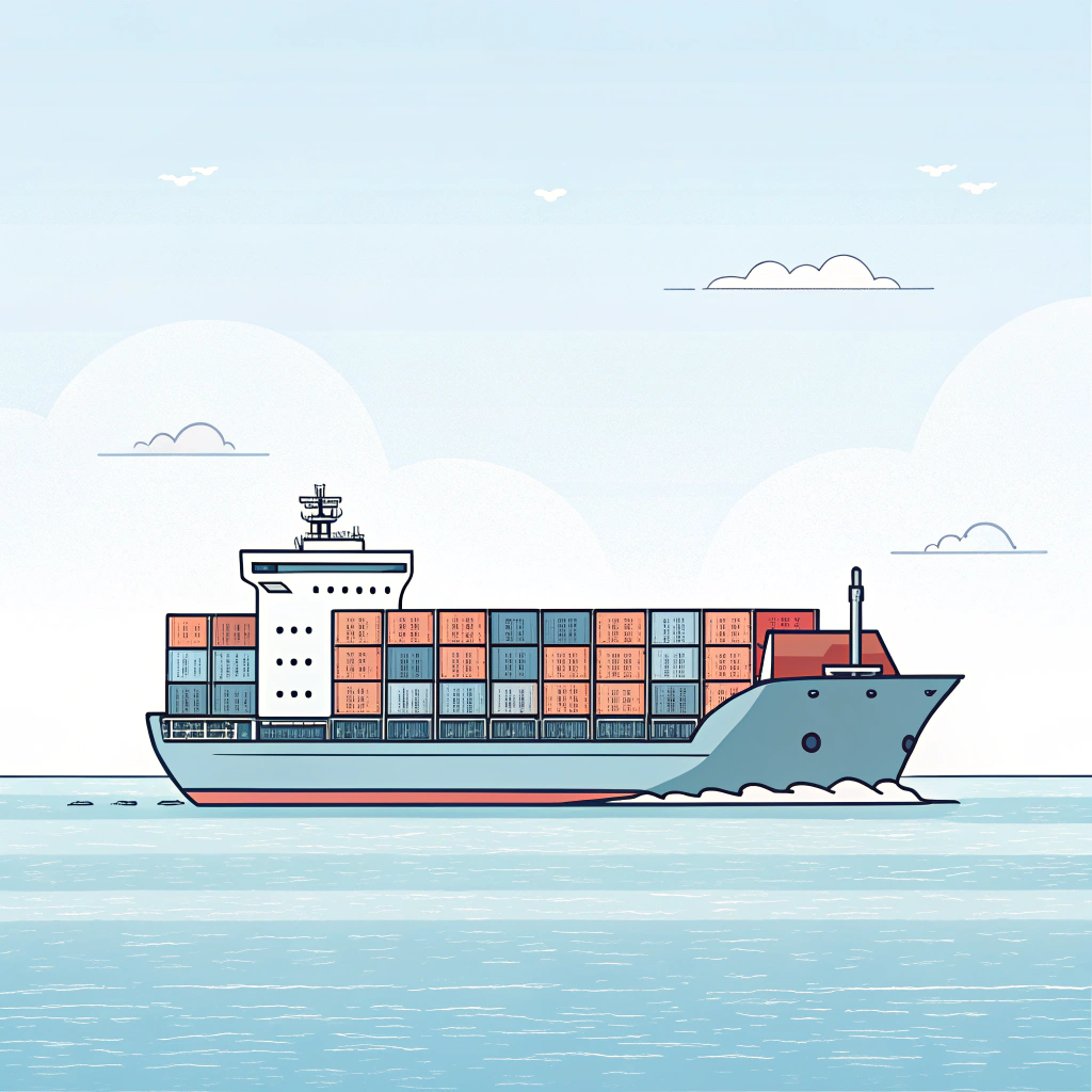 Simple 2D illustration of a container ship with cargo on calm water