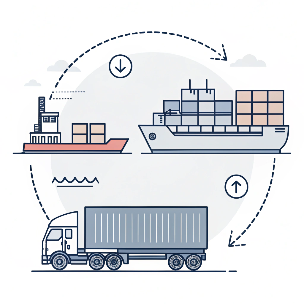 Minimalist 2D illustration of industrial shipping and delivery responsibility division.