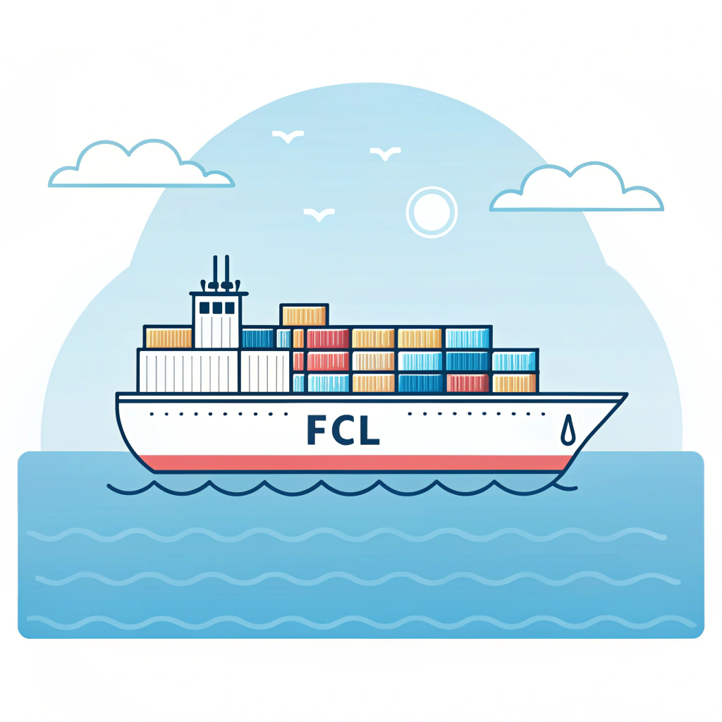 Flat 2D illustration of a container ship with simple cargo containers on calm sea.