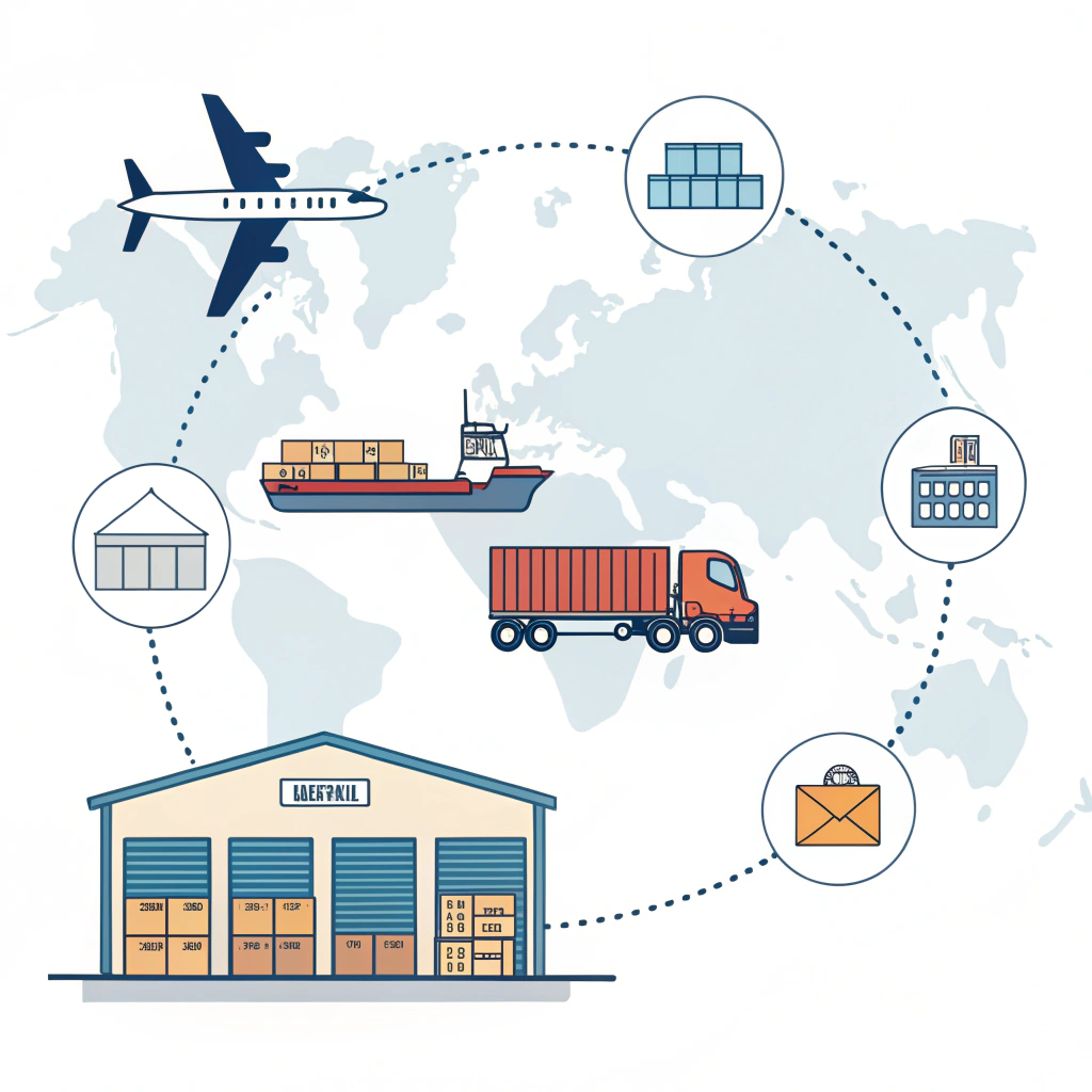 Simple 2D illustration of interconnected transport modes for global logistics