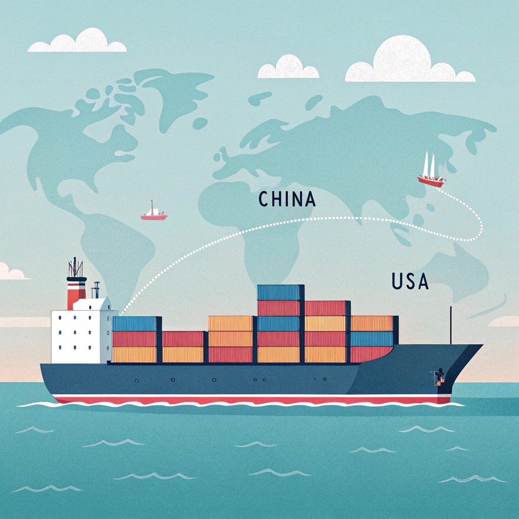 Minimal flat design illustration of a cargo ship with containers on a calm ocean representing sea shipping between China and USA