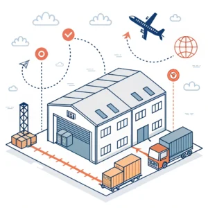 Minimal 2D illustration of an industrial warehouse with abstract shipping icons.