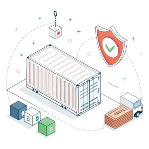 2D flat design illustration with container, shield, and tracking elements representing secure logistics.