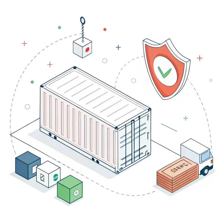 2D flat design illustration with container, shield, and tracking elements representing secure logistics.