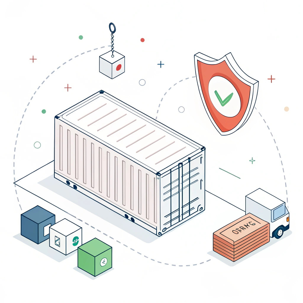 2D flat design illustration with container, shield, and tracking elements representing secure logistics.