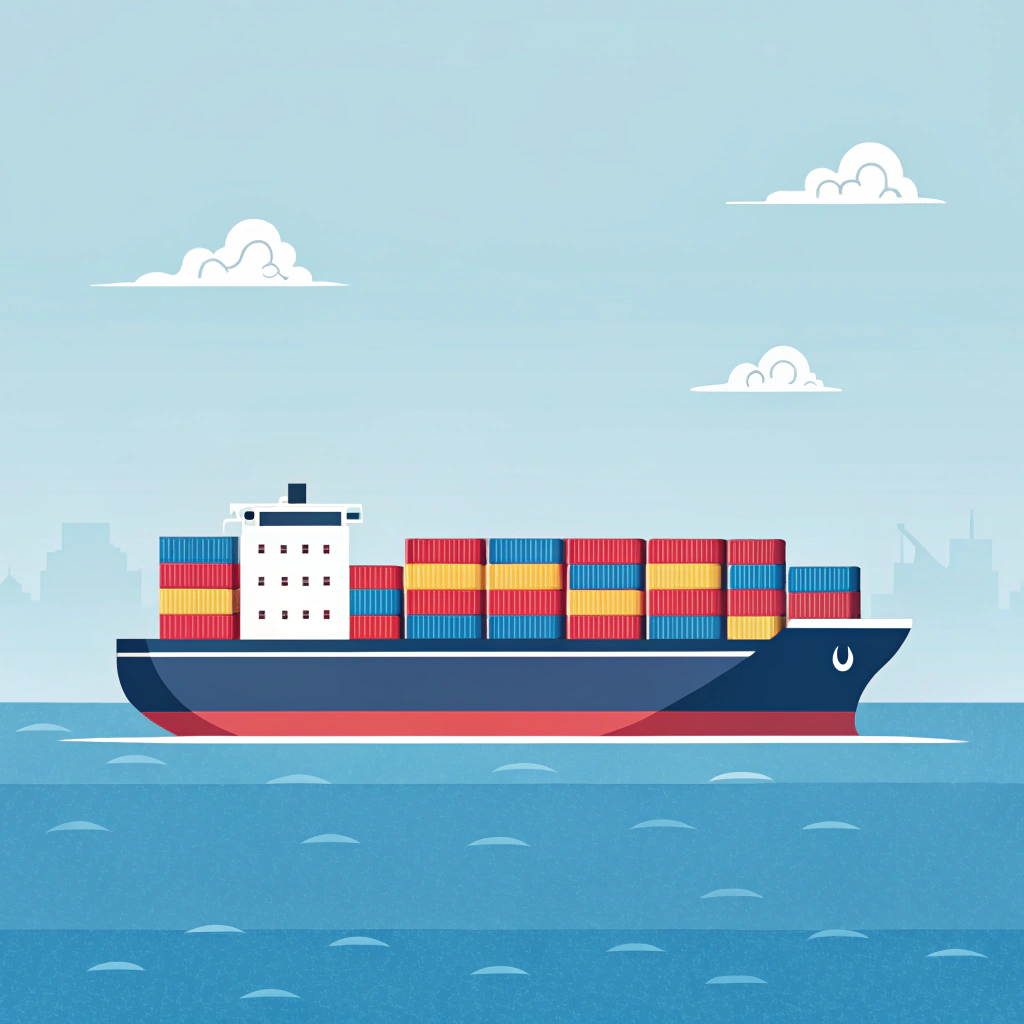 Flat design cargo ship with containers on a calm ocean in a simplified style