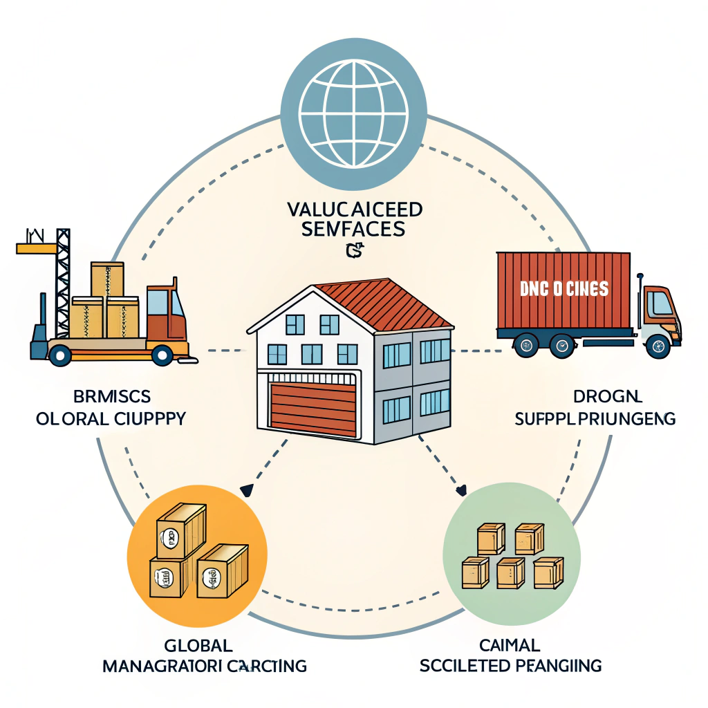 Minimal 2D illustration showcasing integrated logistics and value-added services
