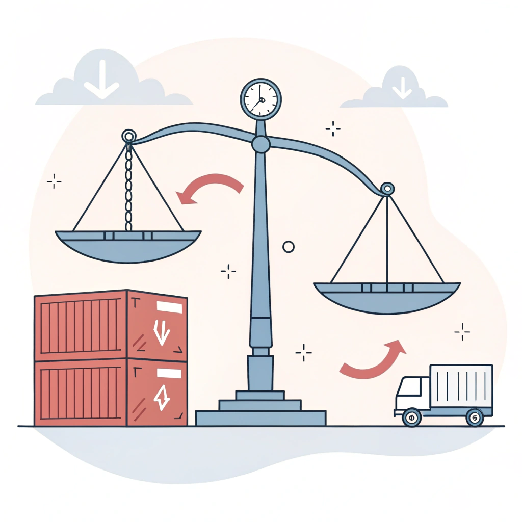 Minimalist 2D visual of risk management in industrial shipping with simple icons.