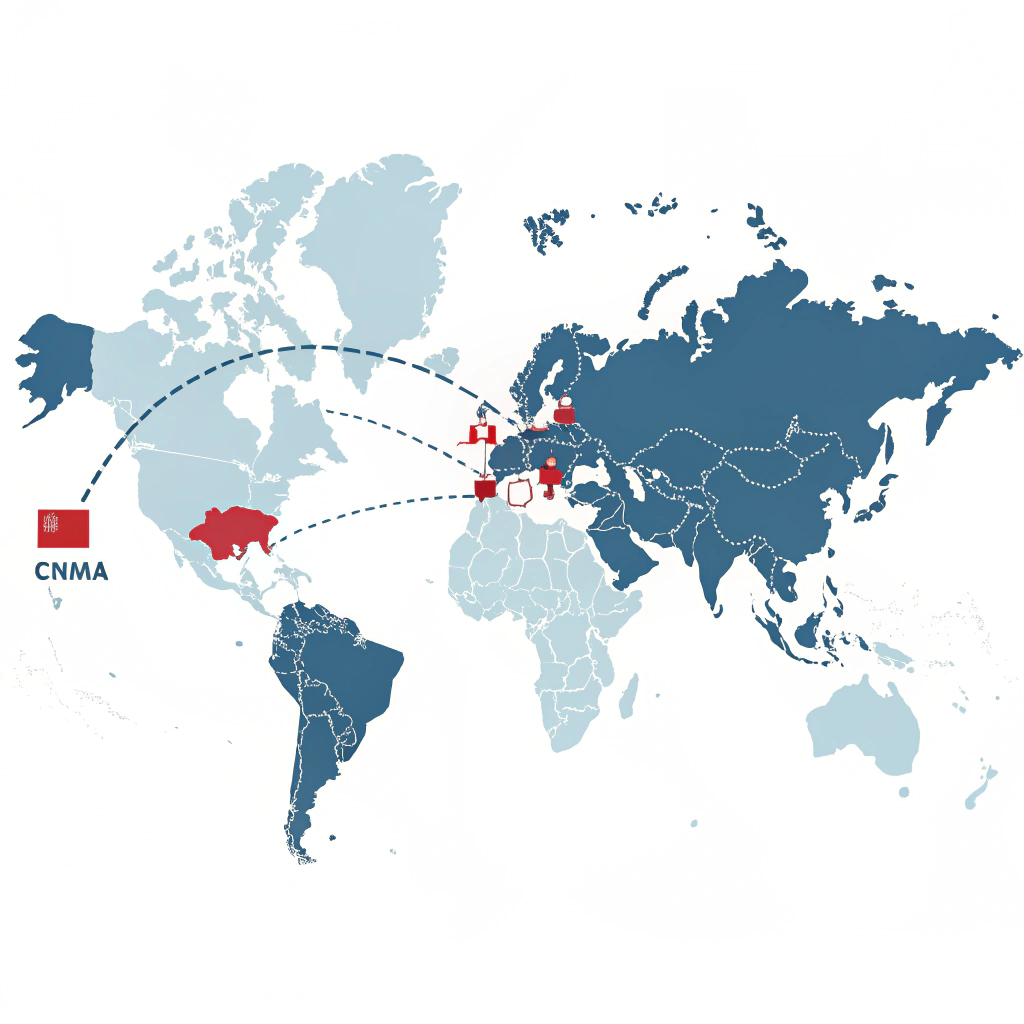 Minimal flat design map illustrating a shipping route from China to the USA