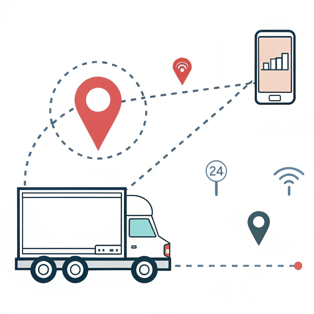 2D minimal illustration showing a delivery icon with digital tracking lines and location pin