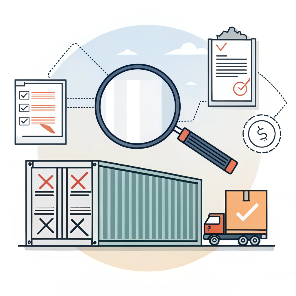 Minimal flat design illustration of logistics risk management with shipping container and magnifying glass