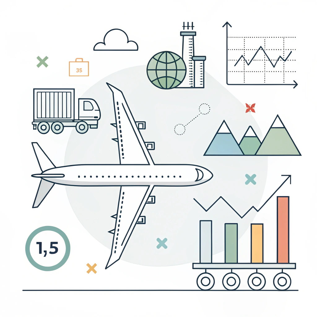 Minimalist illustration of cargo plane and dynamic market elements in 2D style