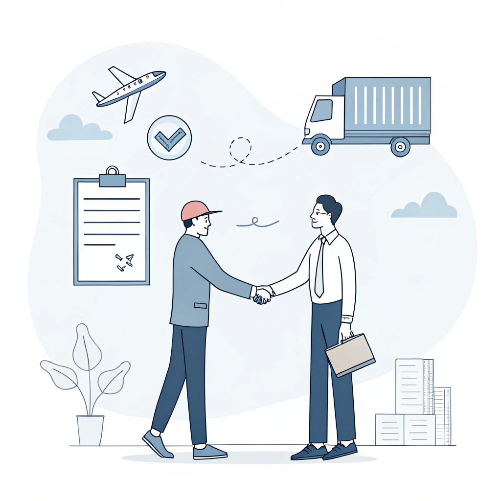 "Minimalist illustration of a business handshake symbolizing customs brokerage partnership."