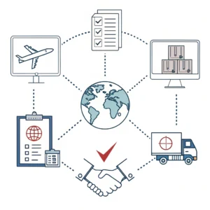 Minimalist 2D illustration of digital customs clearance and global supply chain integration.