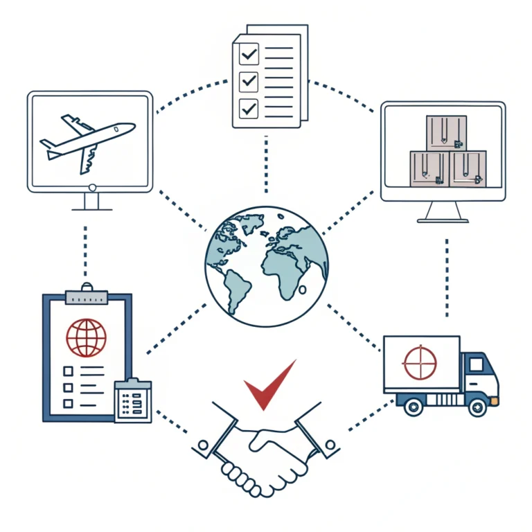 Minimalist 2D illustration of digital customs clearance and global supply chain integration.