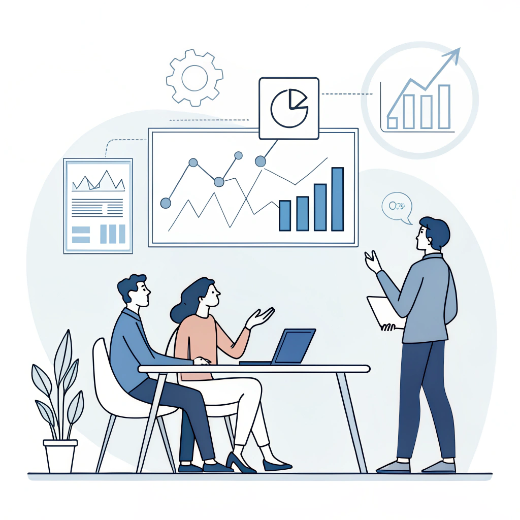 Minimalist illustration of professionals negotiating with simple figures and charts in 2D style