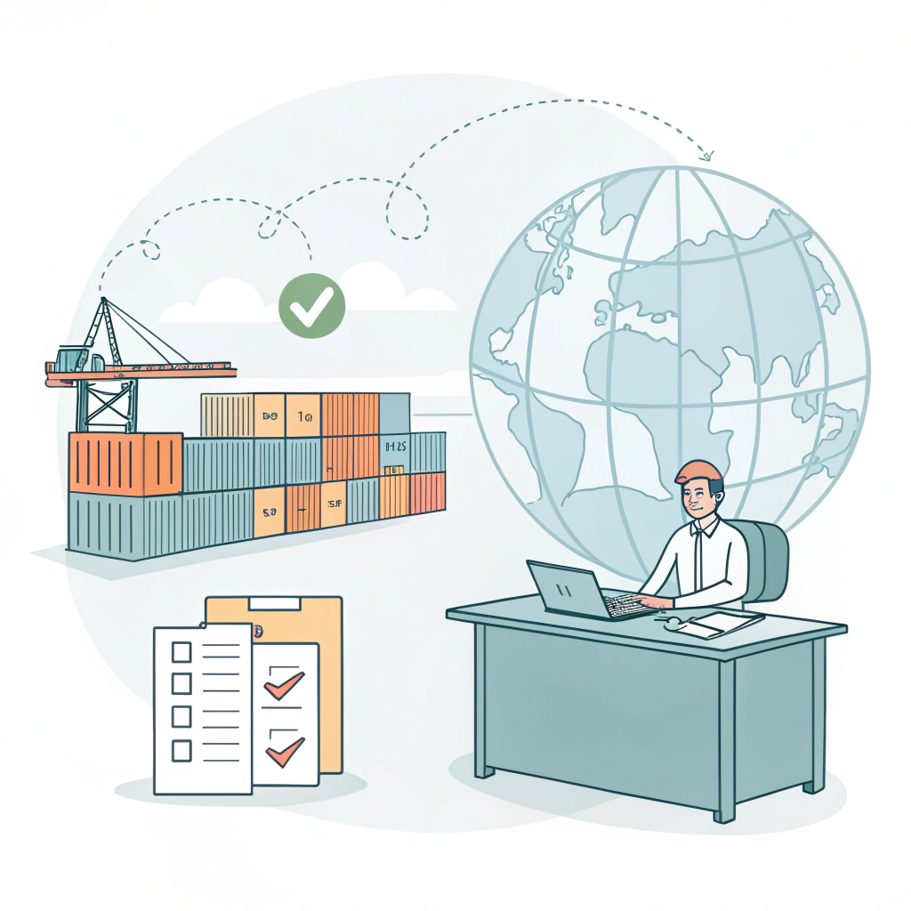 "Minimalist illustration of customs clearance with documents and global supply chain icons."