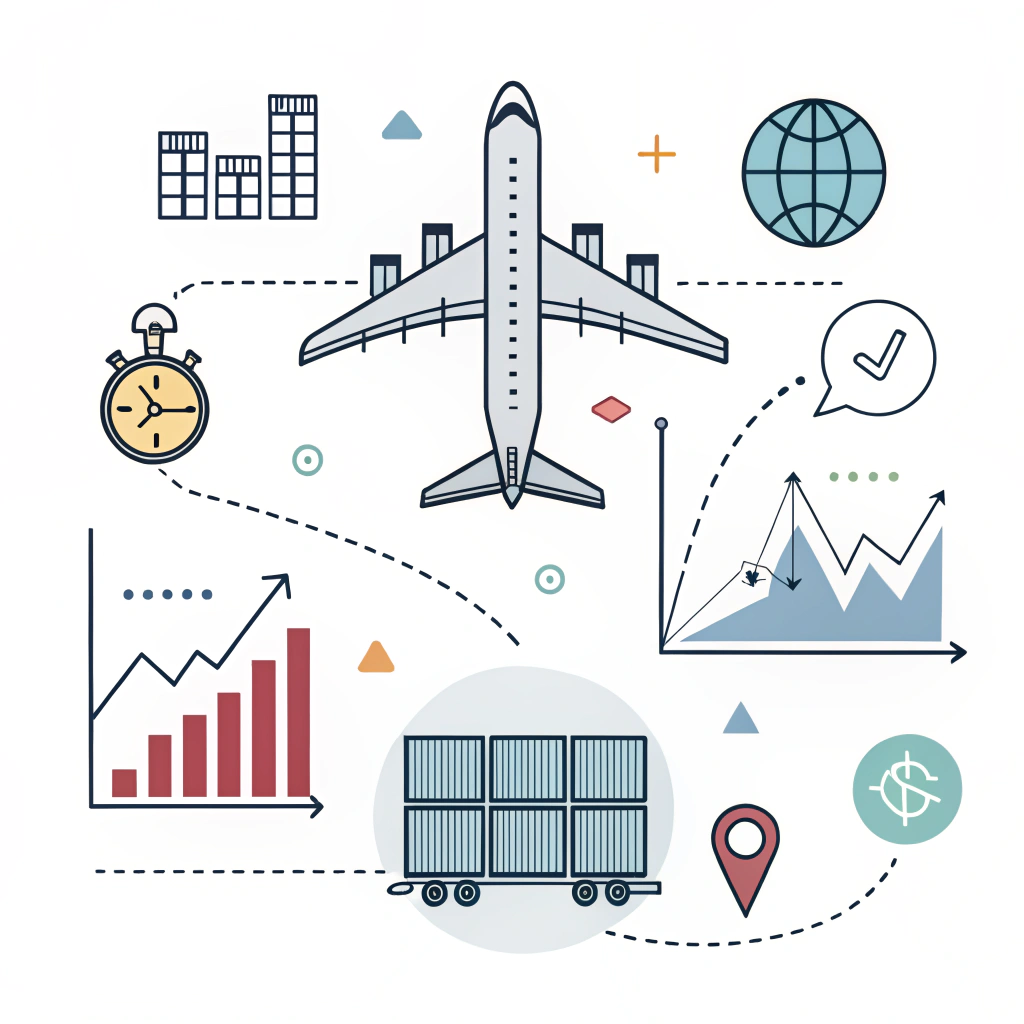 Minimal 2D illustration of a cargo plane with abstract charts and data symbols