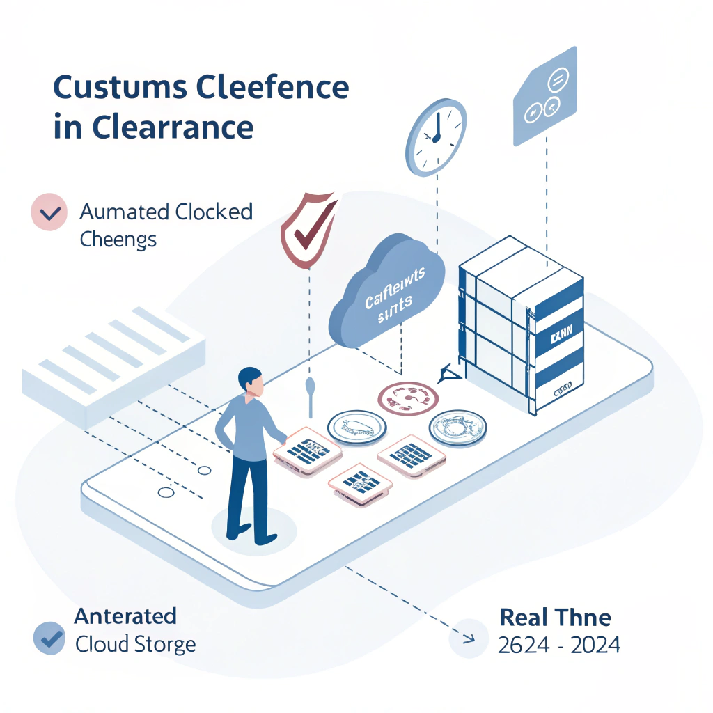 "Flat minimalist illustration of digital customs automation and technology integration."