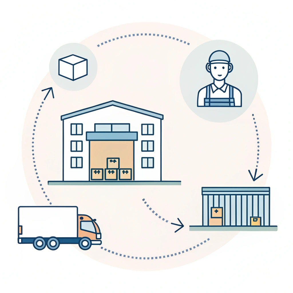 Minimalistic 2D illustration of a warehouse to customer logistics chain.
