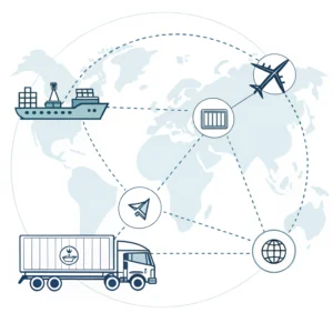 Minimalist 2D depiction of interconnected air, sea, and land logistics icons.