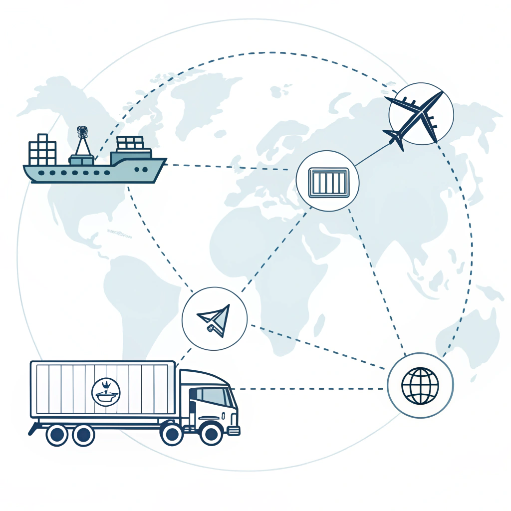 Minimalist 2D depiction of interconnected air, sea, and land logistics icons.