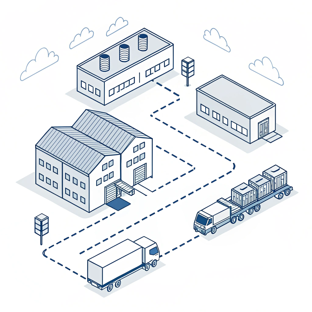 Minimalist illustration of an efficient warehouse and trucking distribution system