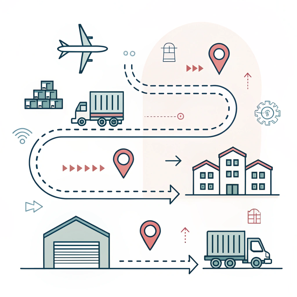 Minimal flat design of a strategic roadmap with arrows and logistics icons.