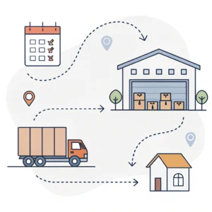Minimalistic 2D illustration of a seamless warehouse to customer logistics system.