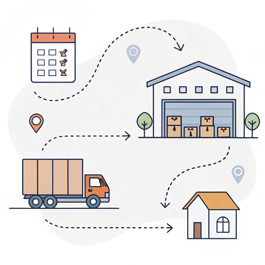 Minimalistic 2D illustration of a seamless warehouse to customer logistics system.