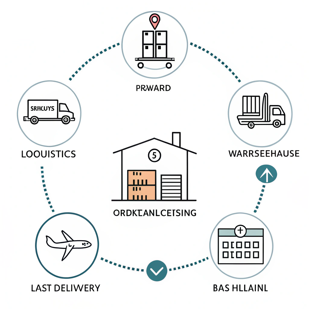 Minimal 2D flow diagram of end-to-end logistics process from warehouse to customer.