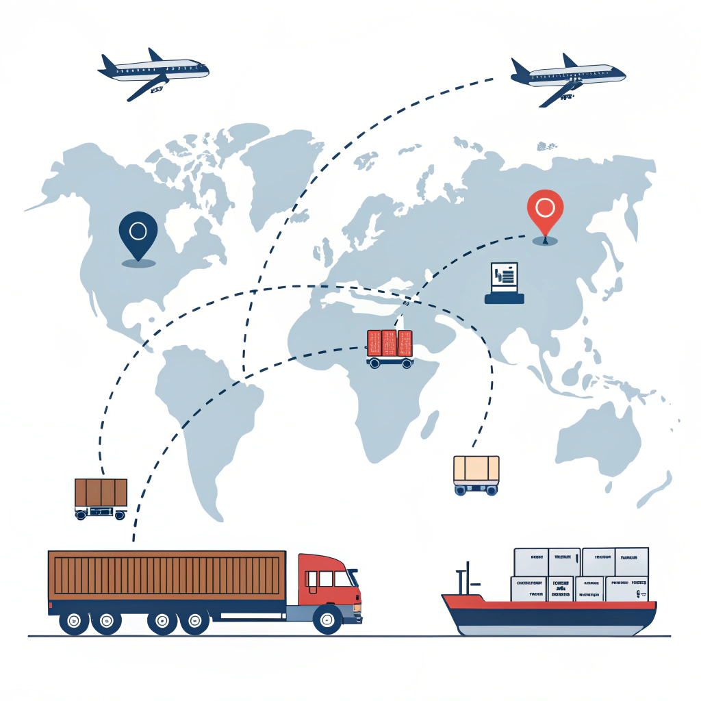 Flat design world map illustration representing global integrated logistics