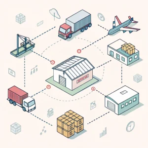 Minimal flat design depicting interconnected logistics and supply chain icons in pastel tones.
