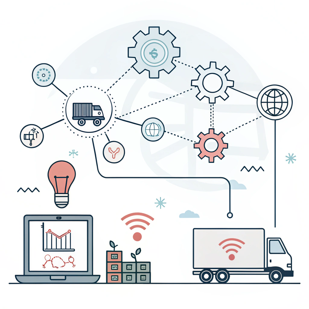 Flat design of digital logistics integration with technology and partnership icons.