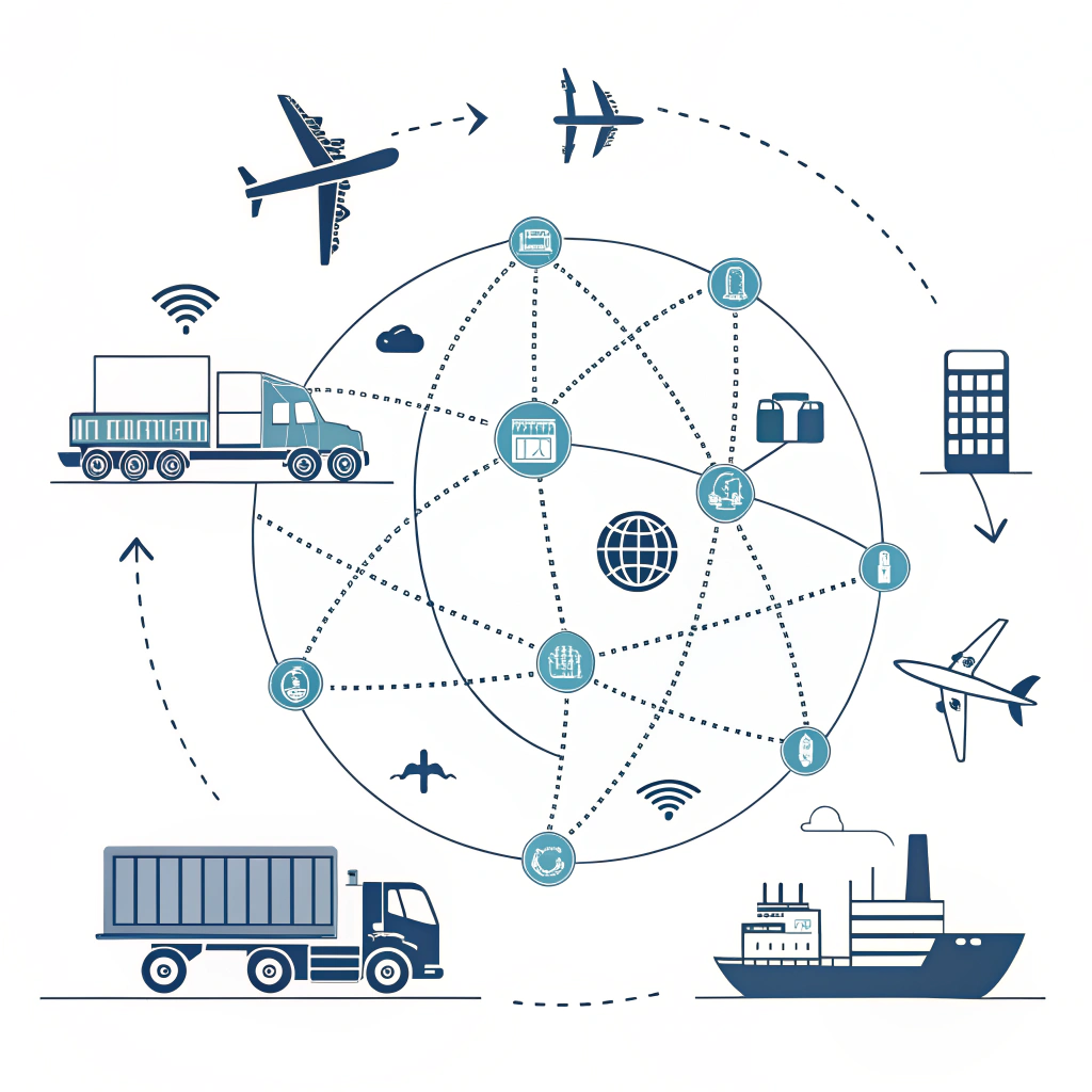 Minimalist 2D abstract depiction of an integrated global logistics network
