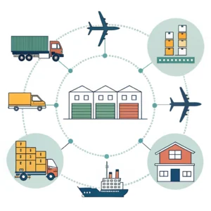 Flat minimalist illustration of interconnected logistics icons and supply chain integration for business growth