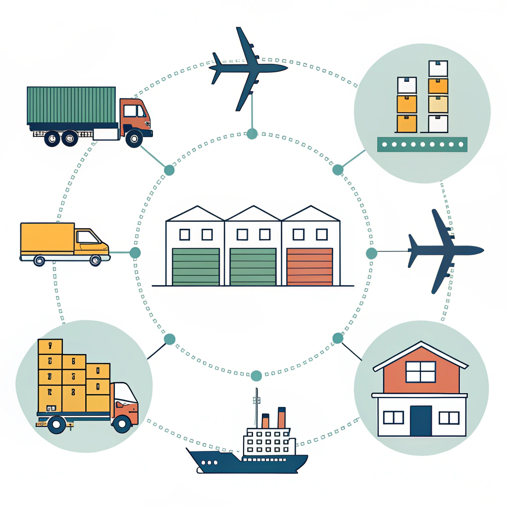 Flat minimalist illustration of interconnected logistics icons and supply chain integration for business growth