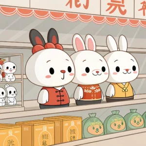 Simplified 2D illustration of Labubu designer toys on shelves with Chinese cultural background