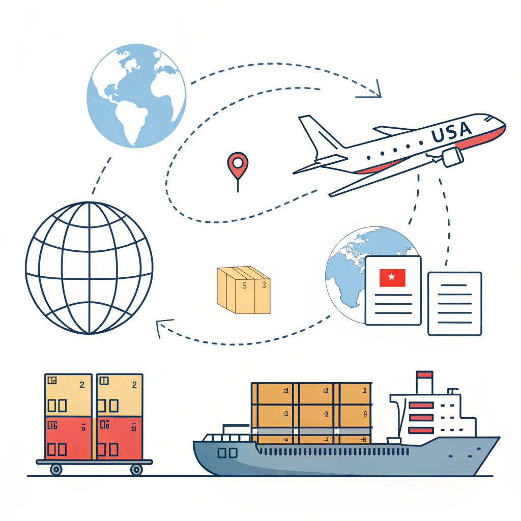 Simplified 2D illustration of shipping agent managing freight between China and USA