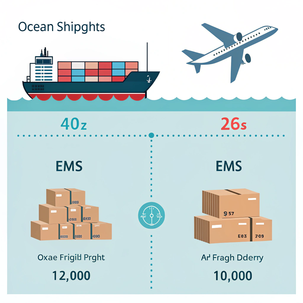 Flat illustration comparing ocean, air, EMS shipping costs China to USA