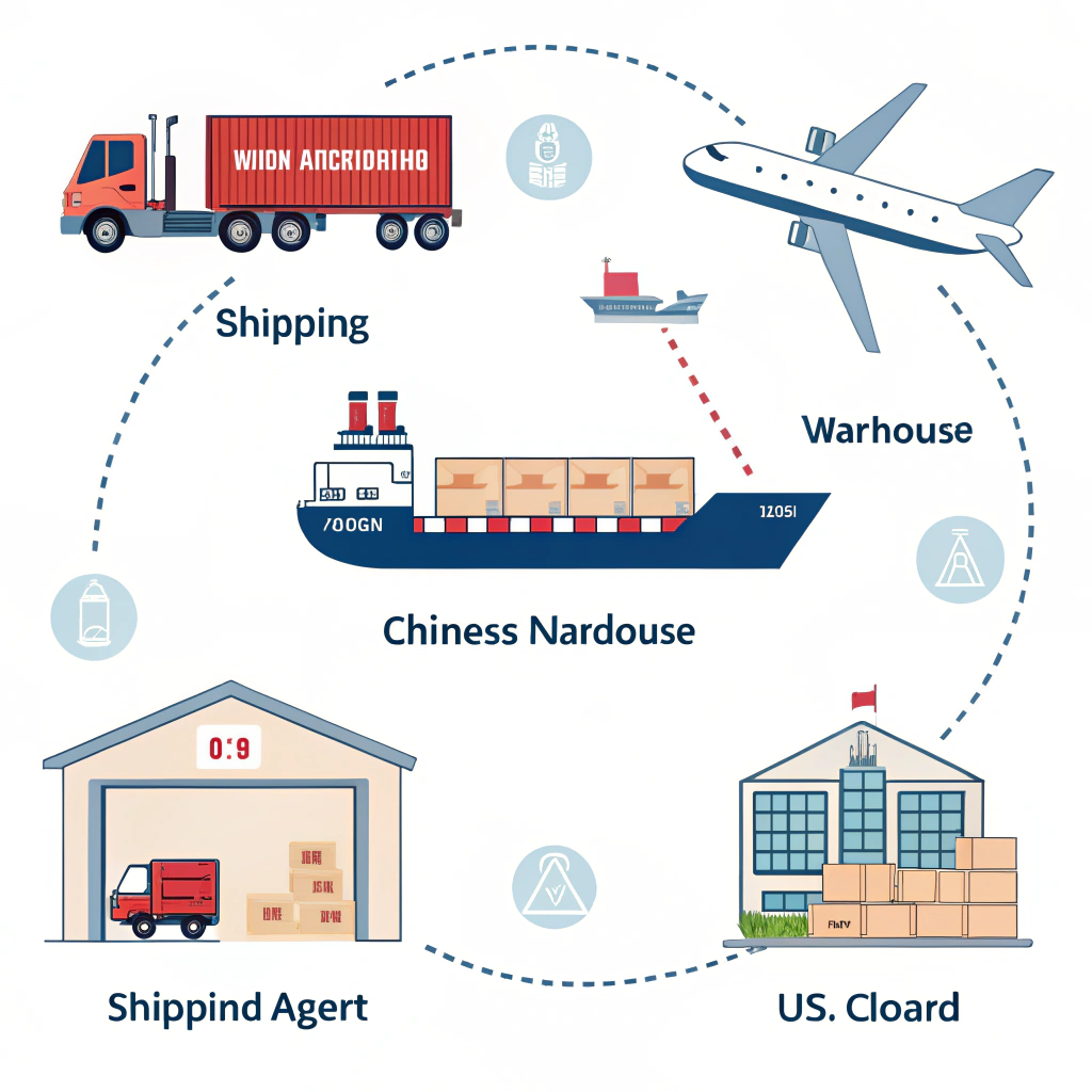 Simplified flat illustration of shipping agent coordinating cargo transport China to USA