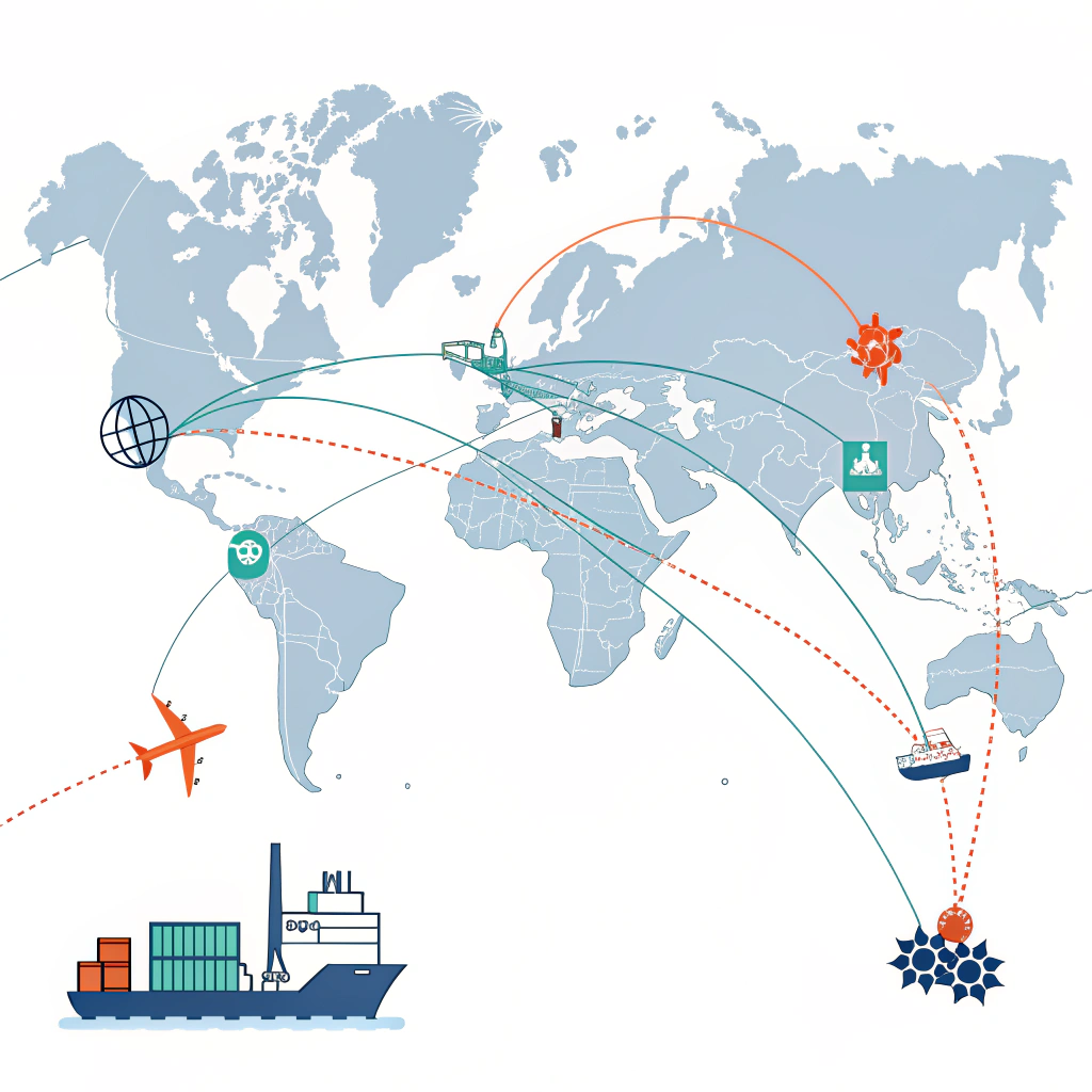 Stylized 2D world map with freight forwarding connections from Mexico ports