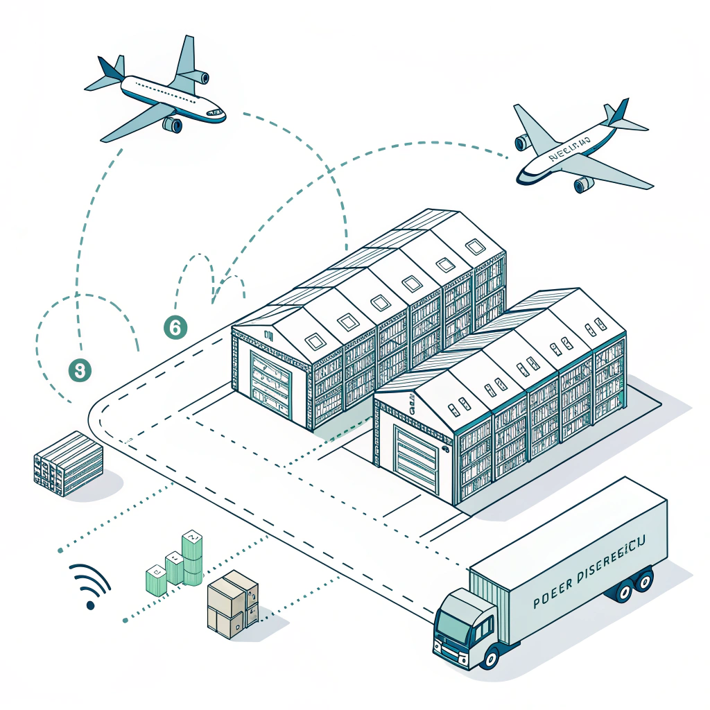 Flat illustration of air freight delivery connecting with warehouse and distribution services