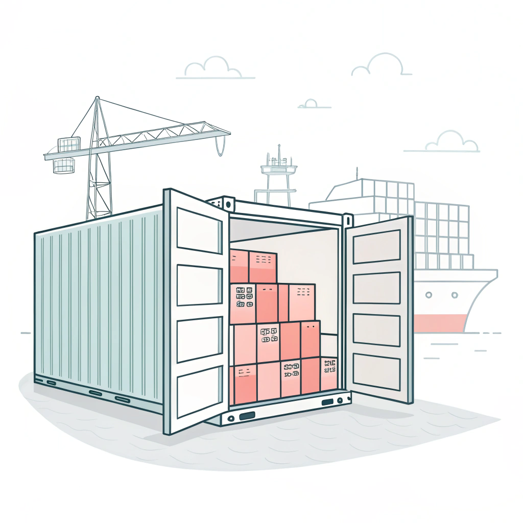 2D illustration of a 40ft high cube container loaded with apparel boxes at a dock with cargo ship background