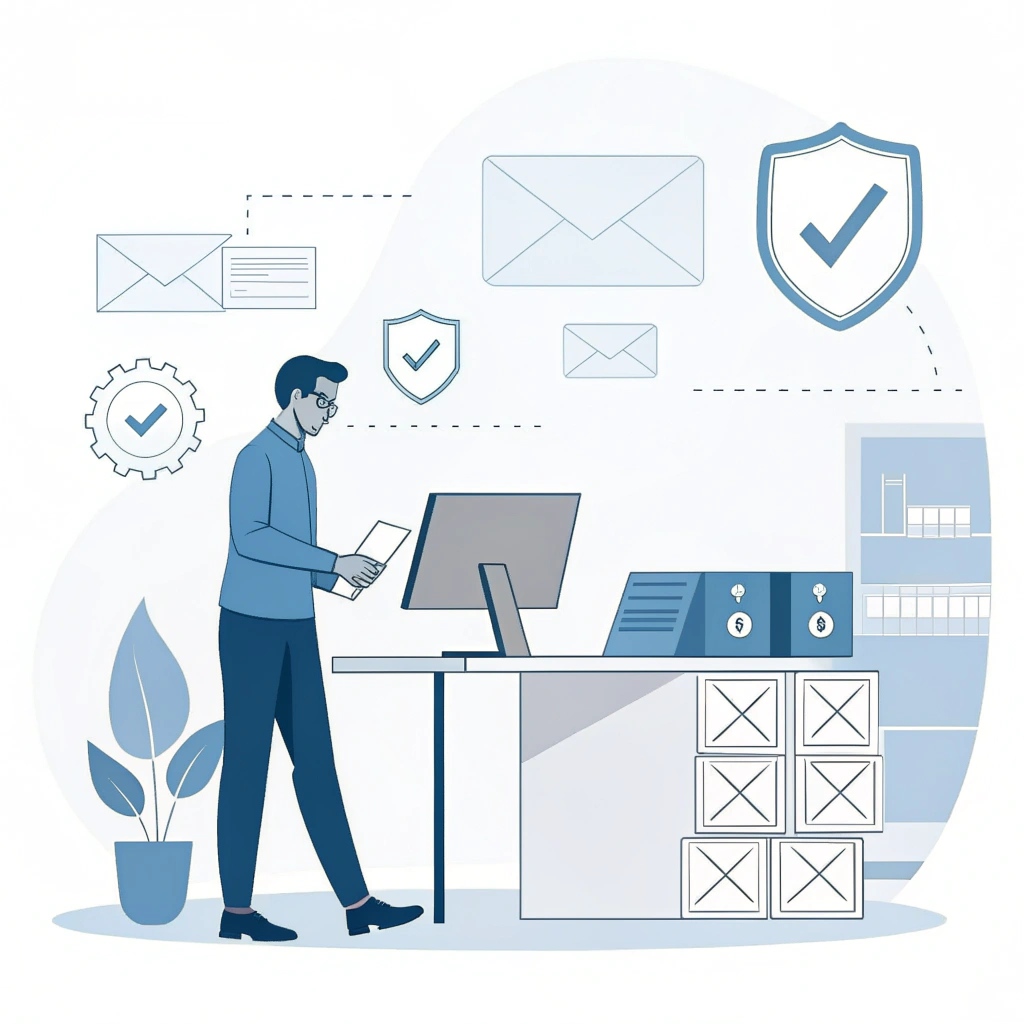 logistics manager verifying UPS email authenticity at computer ---