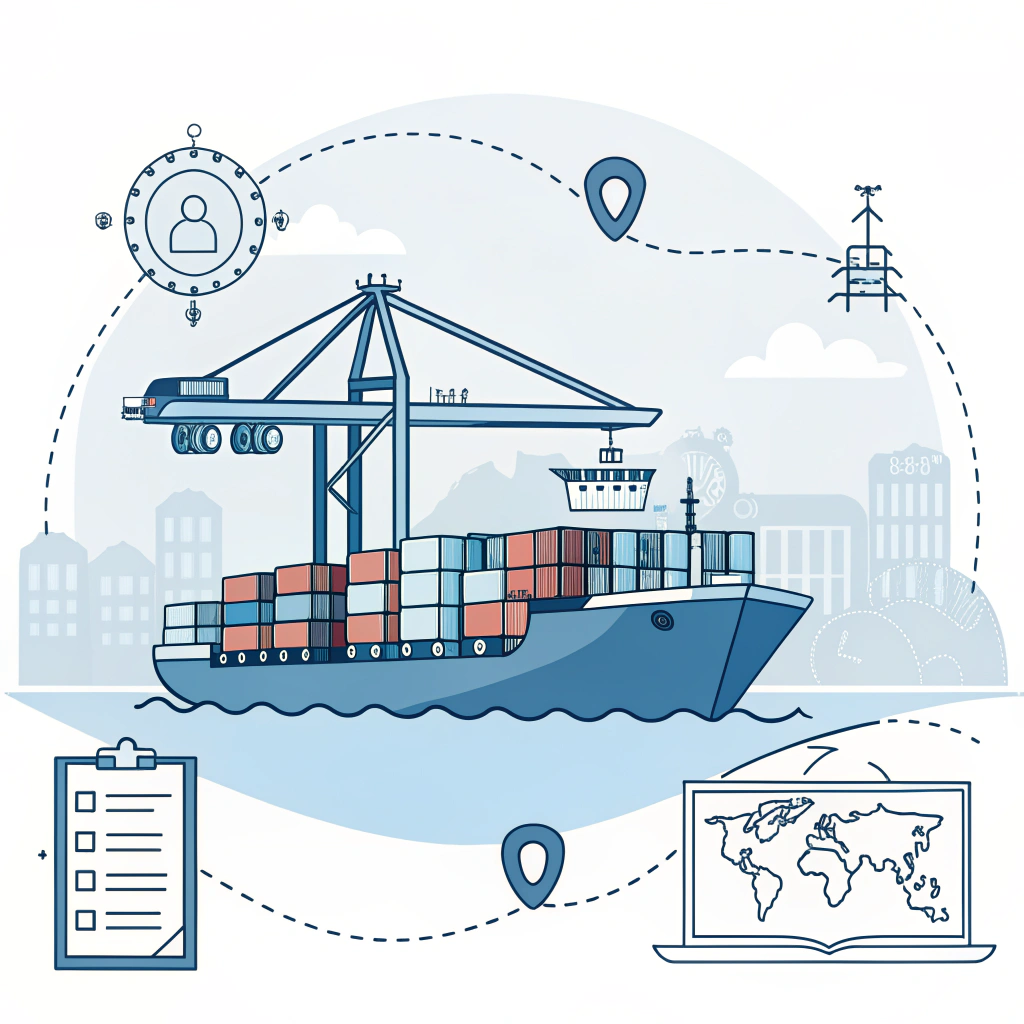 Minimalist illustration of cargo ship loading with freight forwarder managing FOB shipping logistics