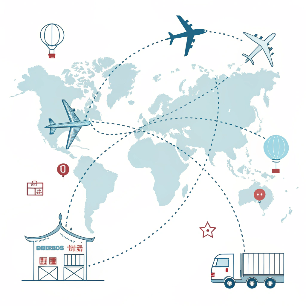 Simplified illustration of air freight routes and logistics services from China to global destinations